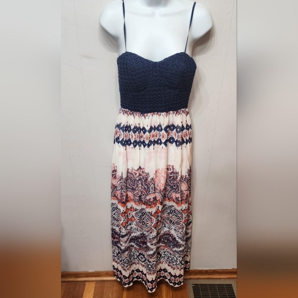 Summer Dress Large Navy Multicolor Patterned Sleeveless Open Back Casual C269Z